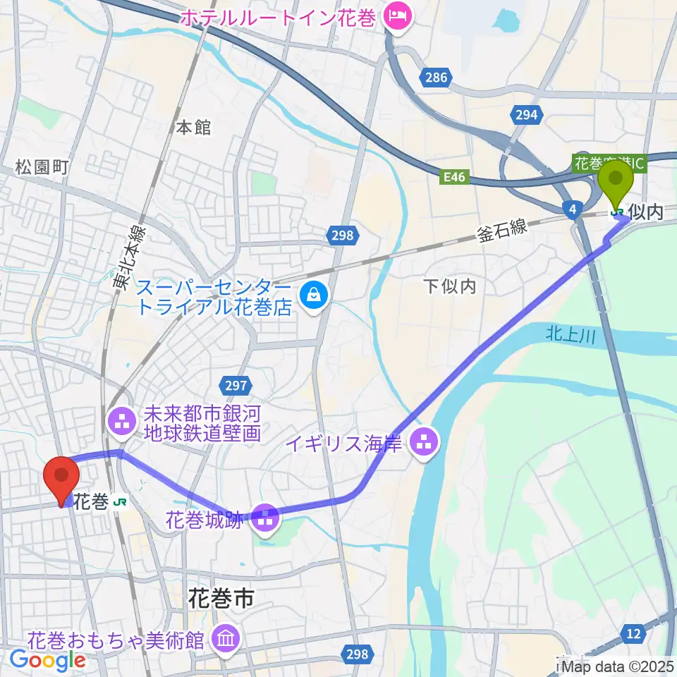 似内駅から正時堂ピアノハウスへのルートマップ地図