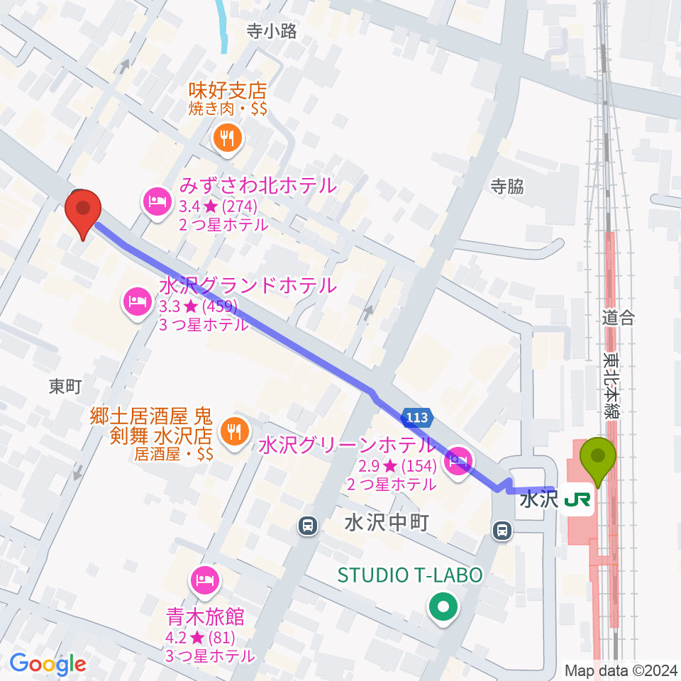 Ａ＆Ｅギター教室の最寄駅水沢駅からの徒歩ルート（約6分）地図