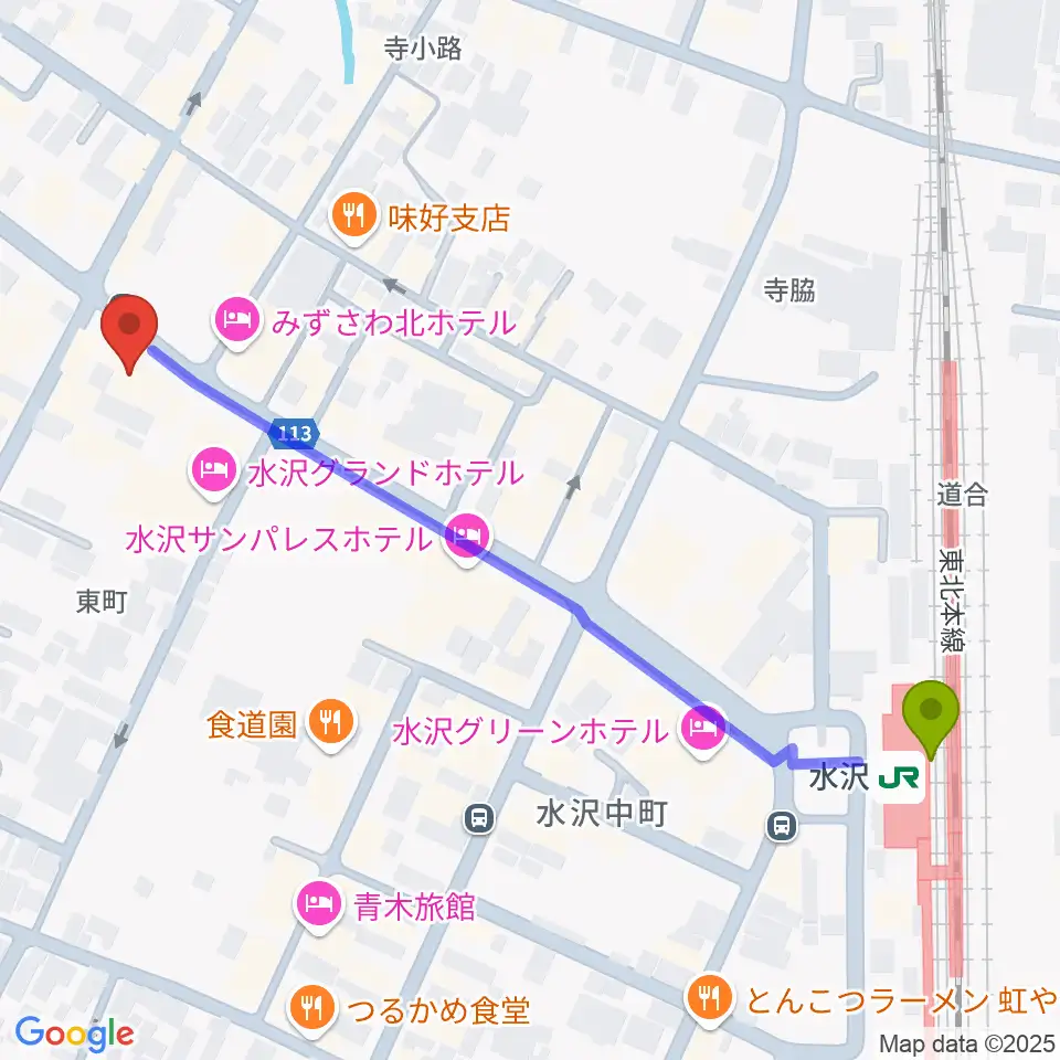 Ａ＆Ｅギター教室の最寄駅水沢駅からの徒歩ルート（約6分）地図