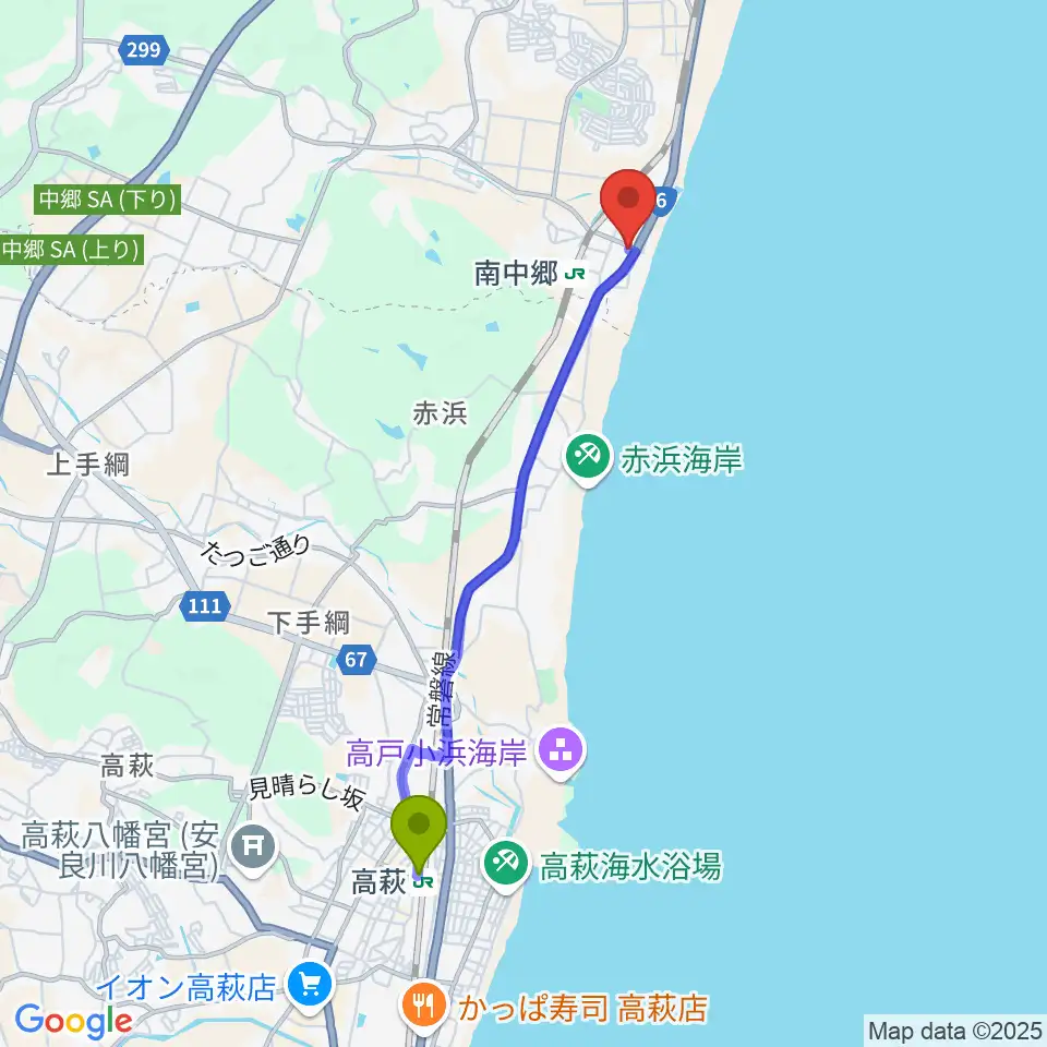 高萩駅からいせ音楽教室へのルートマップ地図