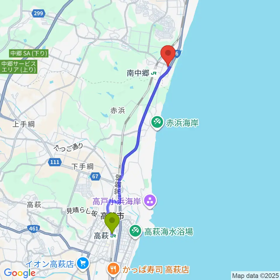 高萩駅からいせ音楽教室へのルートマップ地図
