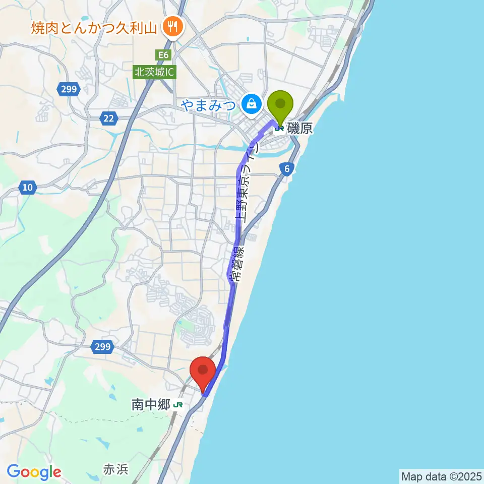 磯原駅からいせ音楽教室へのルートマップ地図