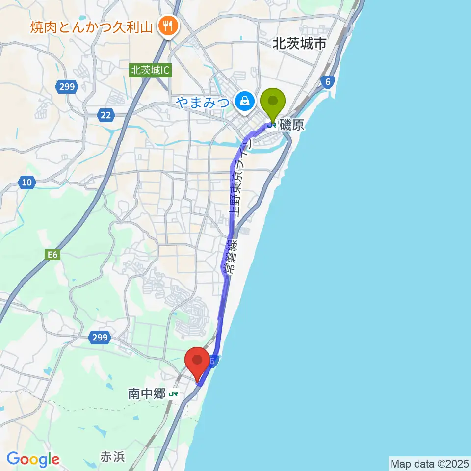 磯原駅からいせ音楽教室へのルートマップ地図
