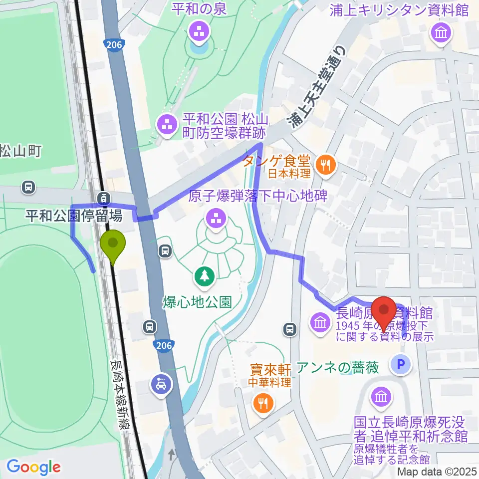 平和公園駅から平和会館ホールへのルートマップ地図