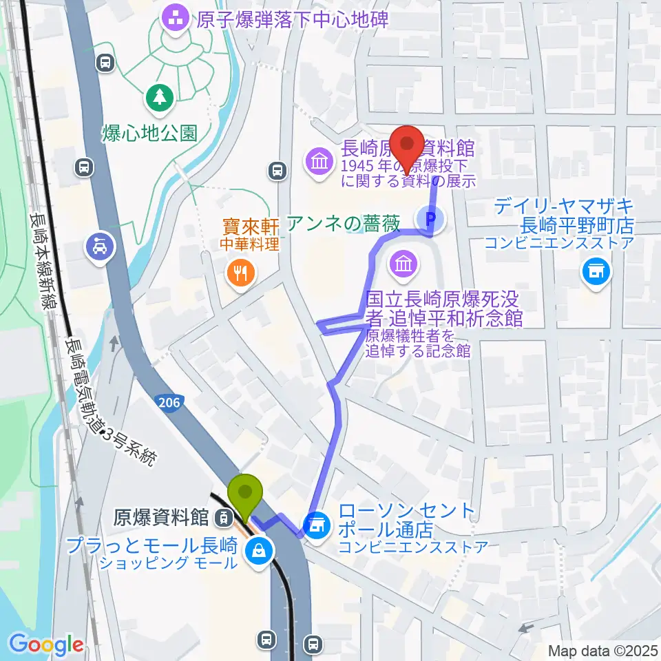 平和会館ホールの最寄駅原爆資料館駅からの徒歩ルート（約5分）地図
