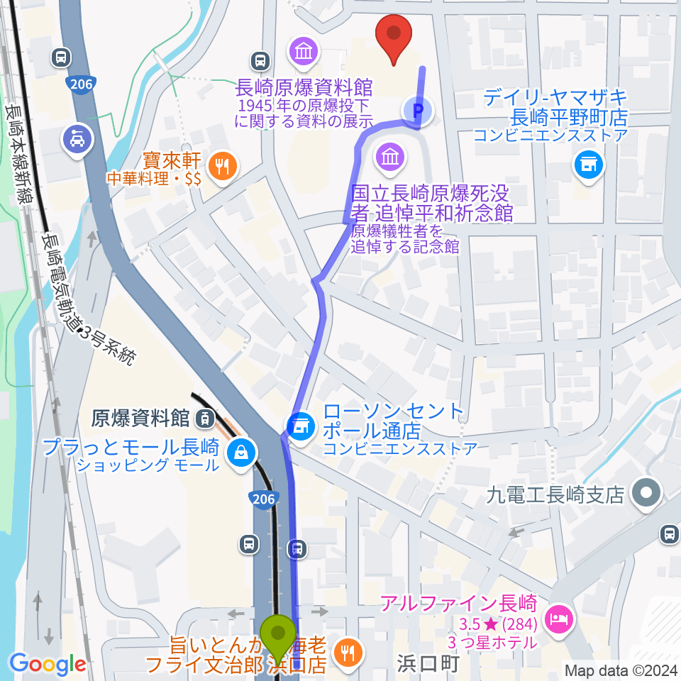 大学病院駅から平和会館ホールへのルートマップ地図