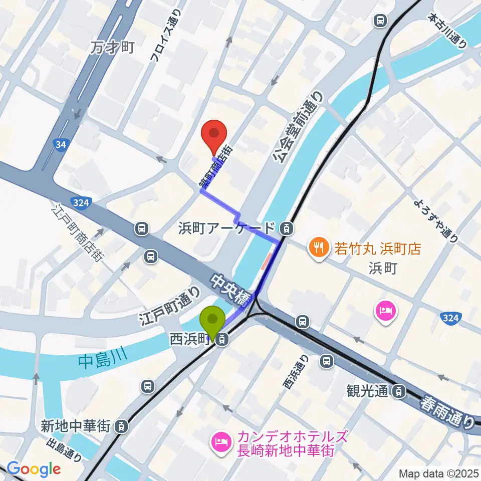 西浜町駅からメルカつきまちホールへのルートマップ地図