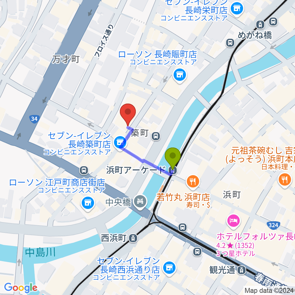 メルカつきまちホールの最寄駅浜町アーケード駅からの徒歩ルート（約2分）地図