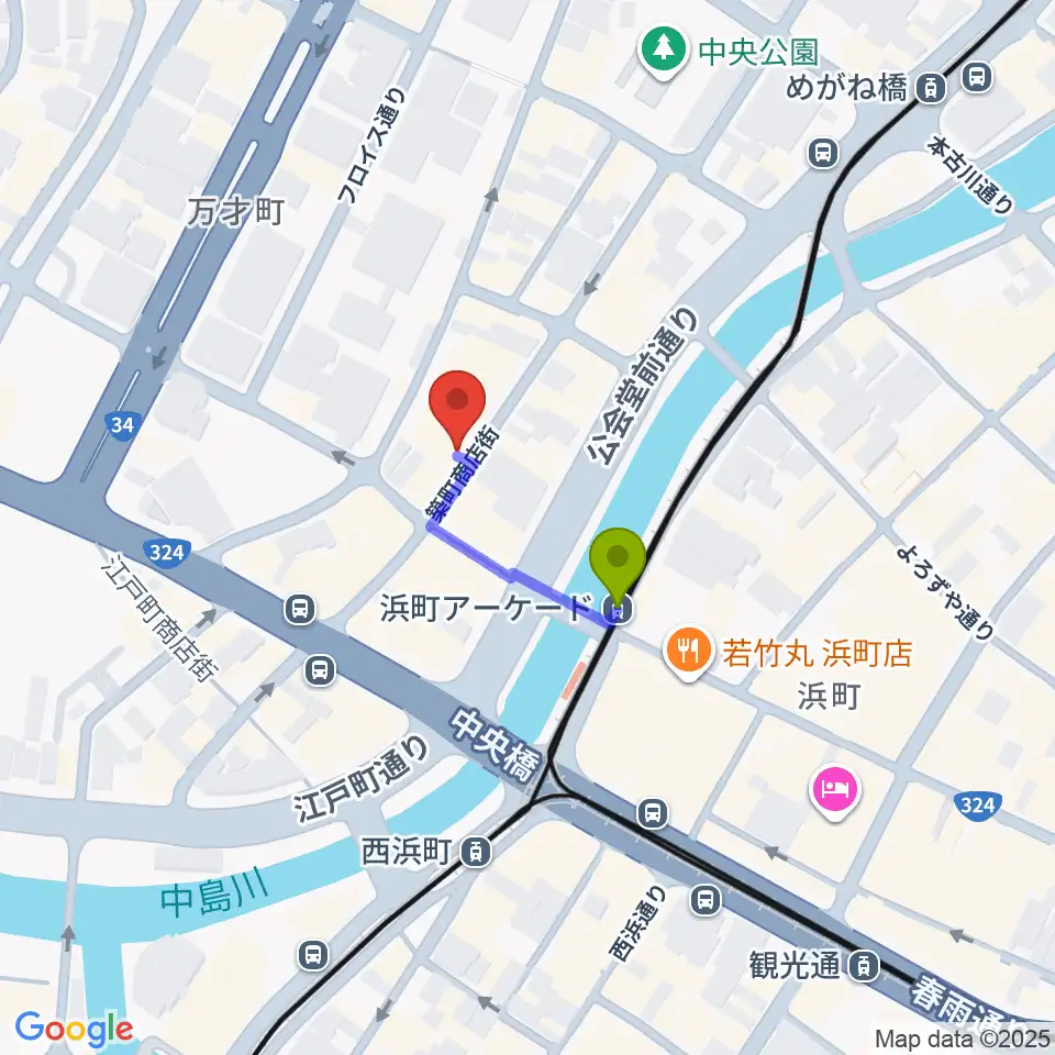 メルカつきまちホールの最寄駅浜町アーケード駅からの徒歩ルート（約2分）地図