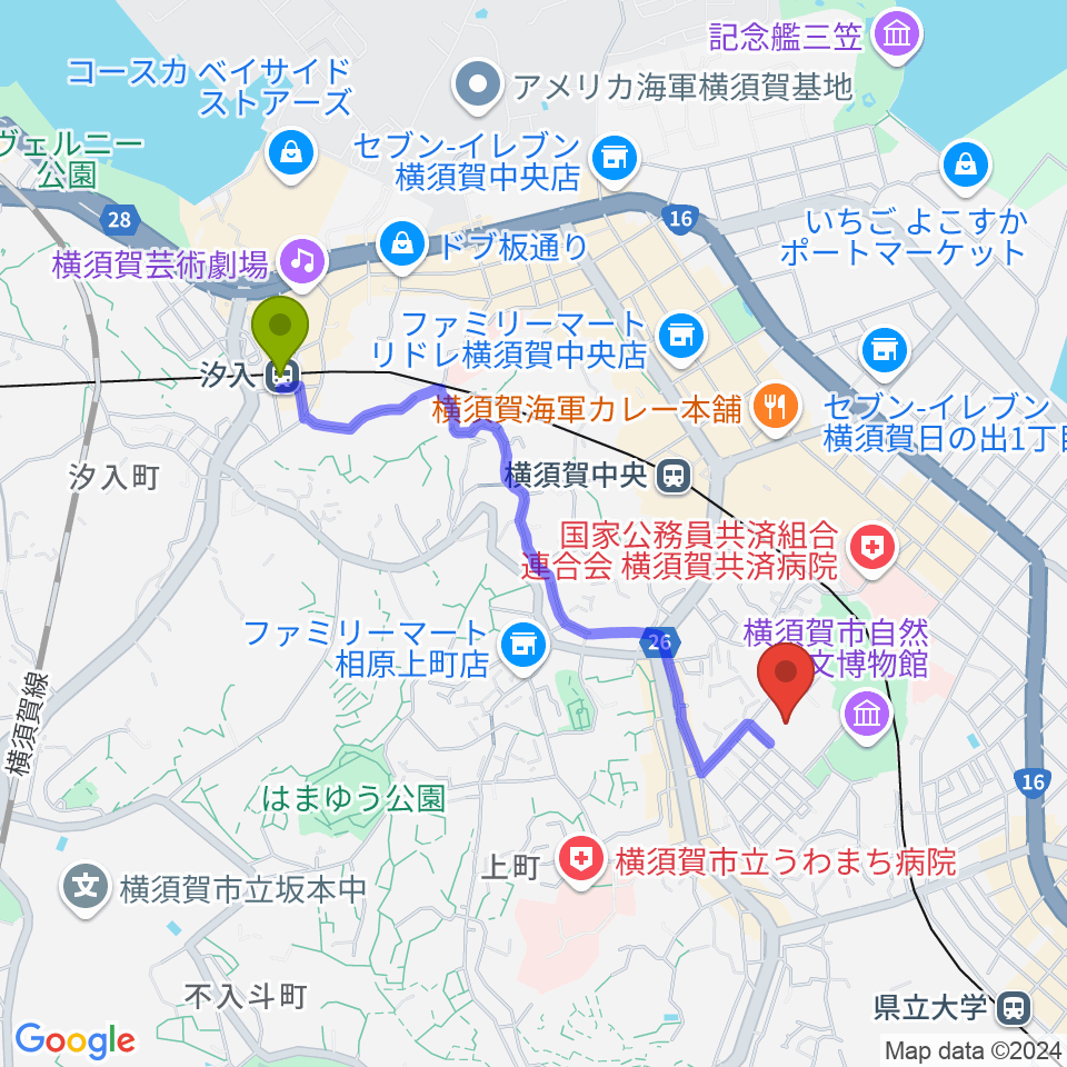 汐入駅から横須賀市文化会館へのルートマップ地図