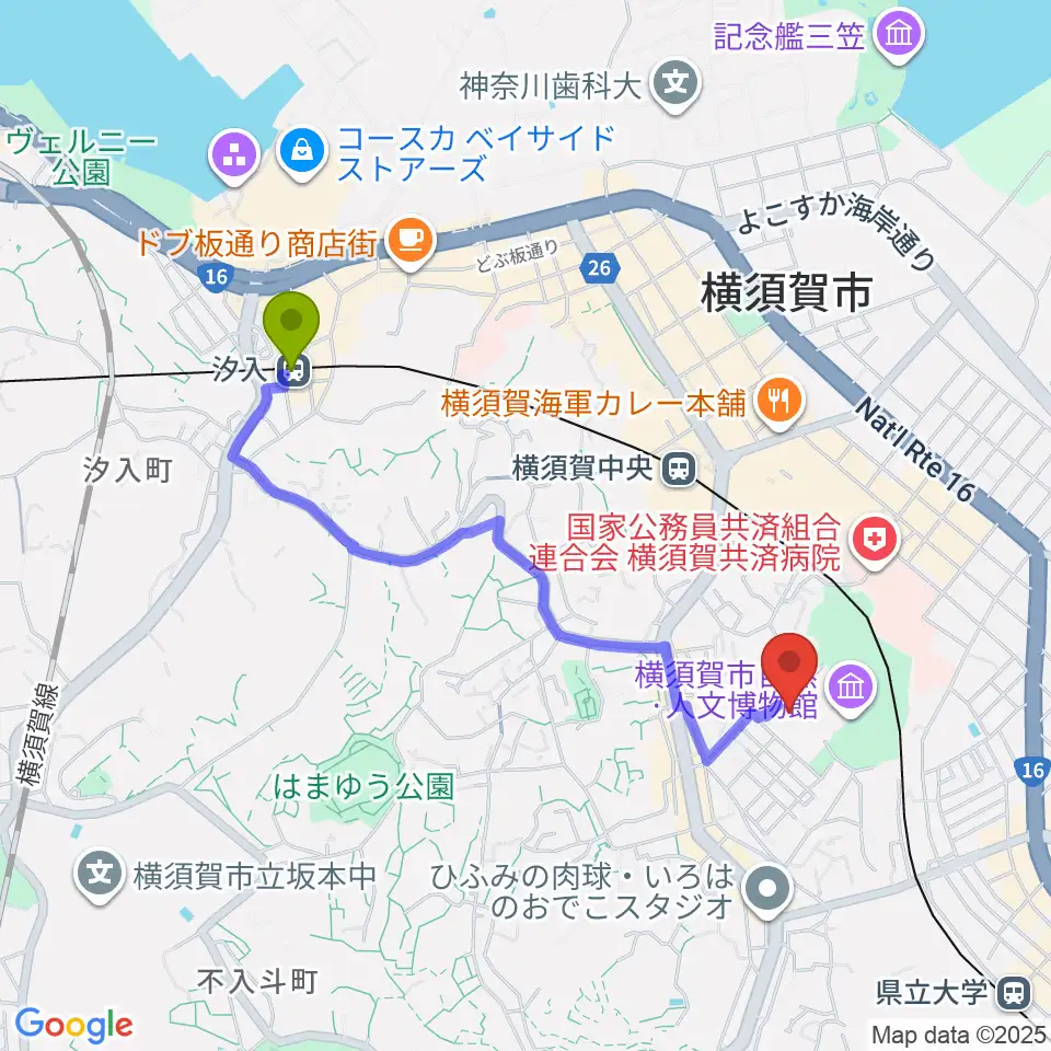 汐入駅から横須賀市文化会館へのルートマップ地図