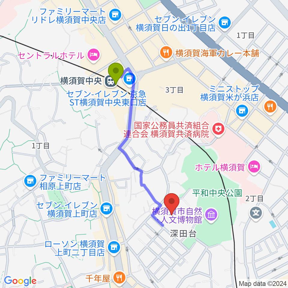 横須賀市文化会館の最寄駅横須賀中央駅からの徒歩ルート（約8分）地図