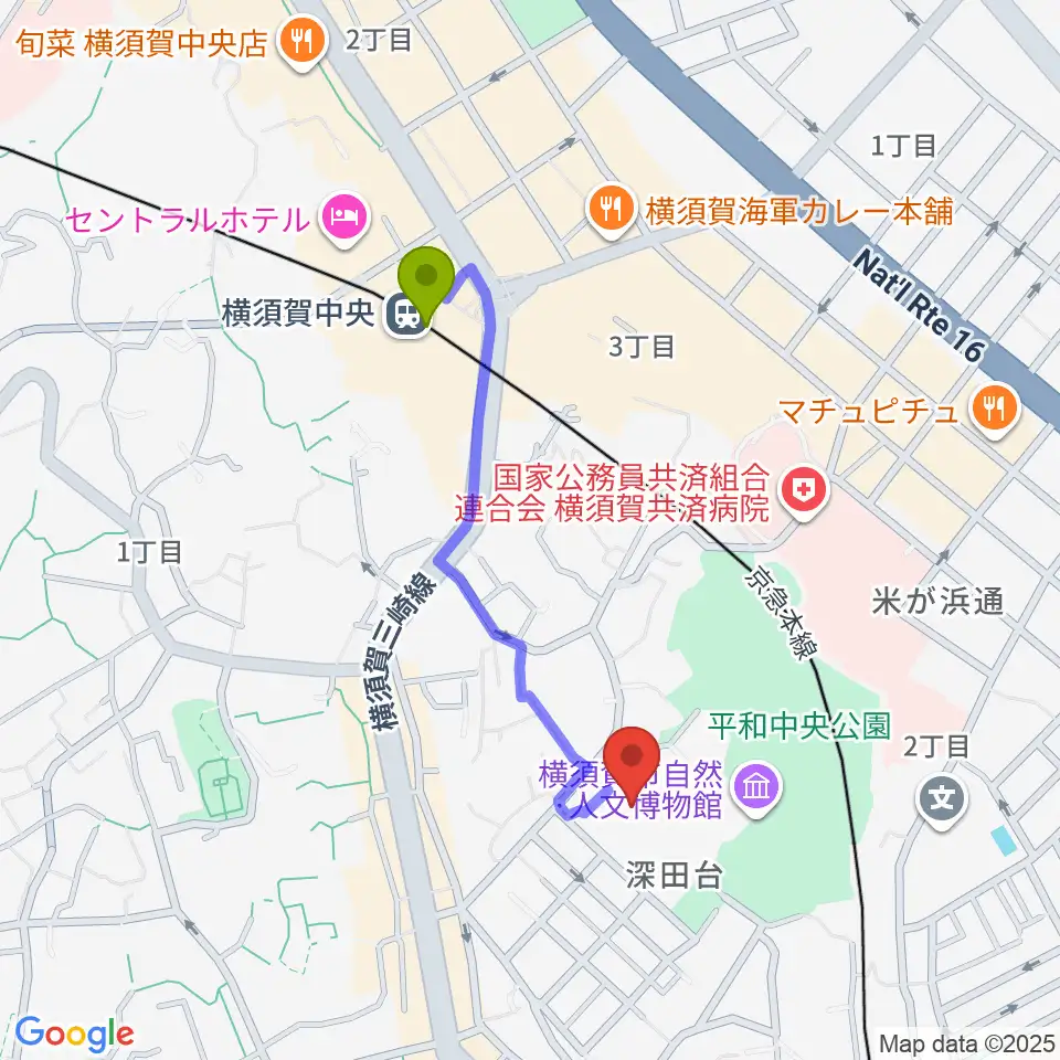 横須賀市文化会館の最寄駅横須賀中央駅からの徒歩ルート（約8分）地図