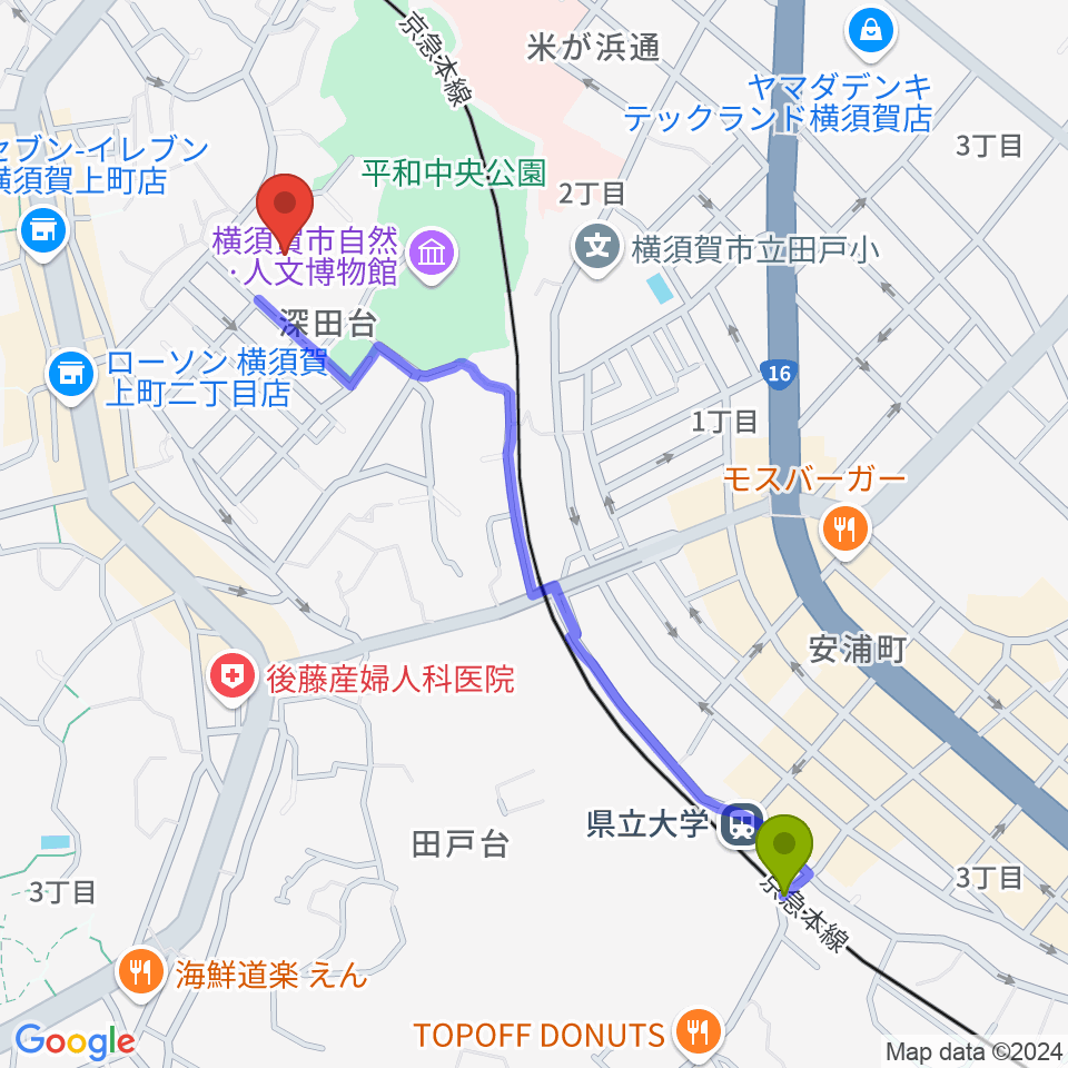 県立大学駅から横須賀市文化会館へのルートマップ地図