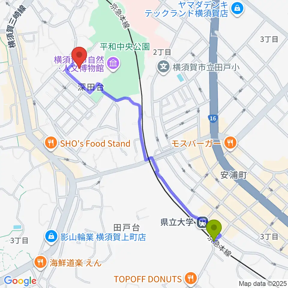 県立大学駅から横須賀市文化会館へのルートマップ地図