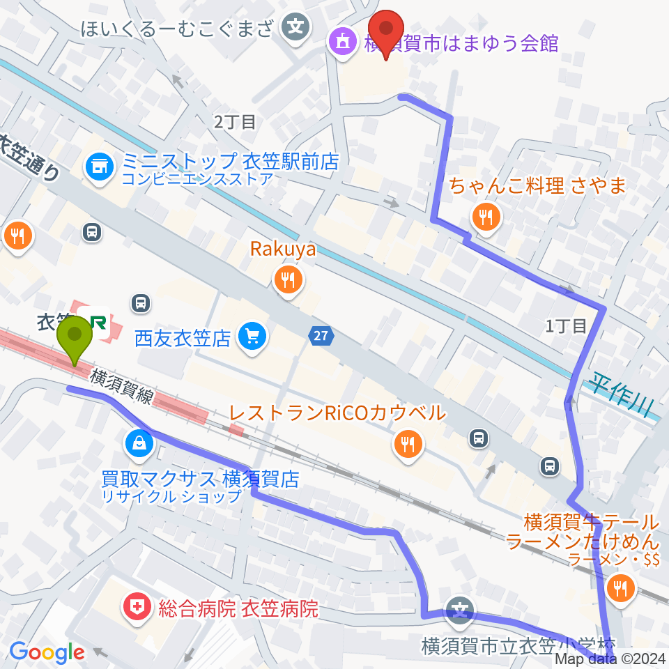 横須賀市はまゆう会館の最寄駅衣笠駅からの徒歩ルート（約5分）地図