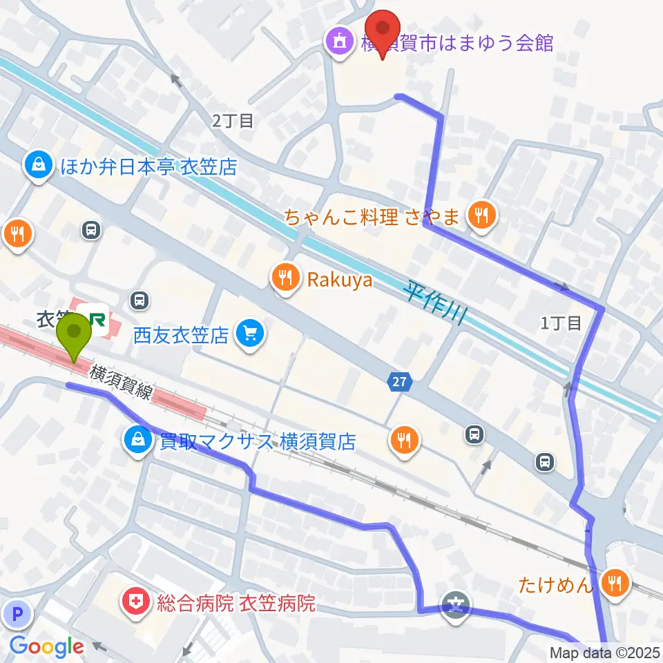 横須賀市はまゆう会館の最寄駅衣笠駅からの徒歩ルート（約5分）地図
