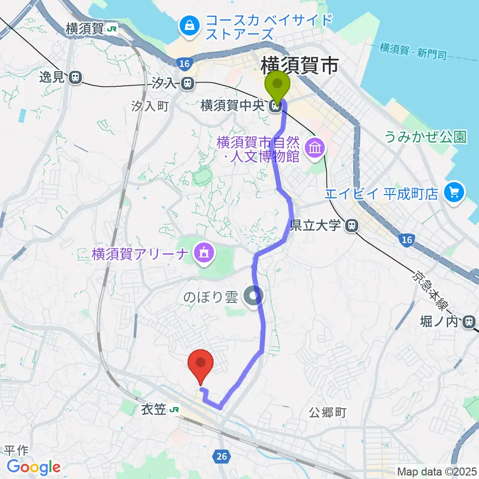 横須賀中央駅から横須賀市はまゆう会館へのルートマップ地図
