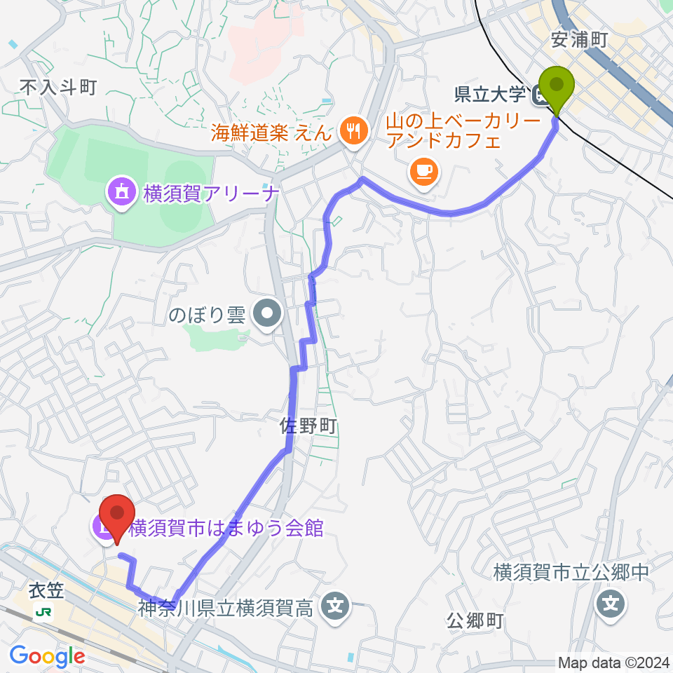 県立大学駅から横須賀市はまゆう会館へのルートマップ地図