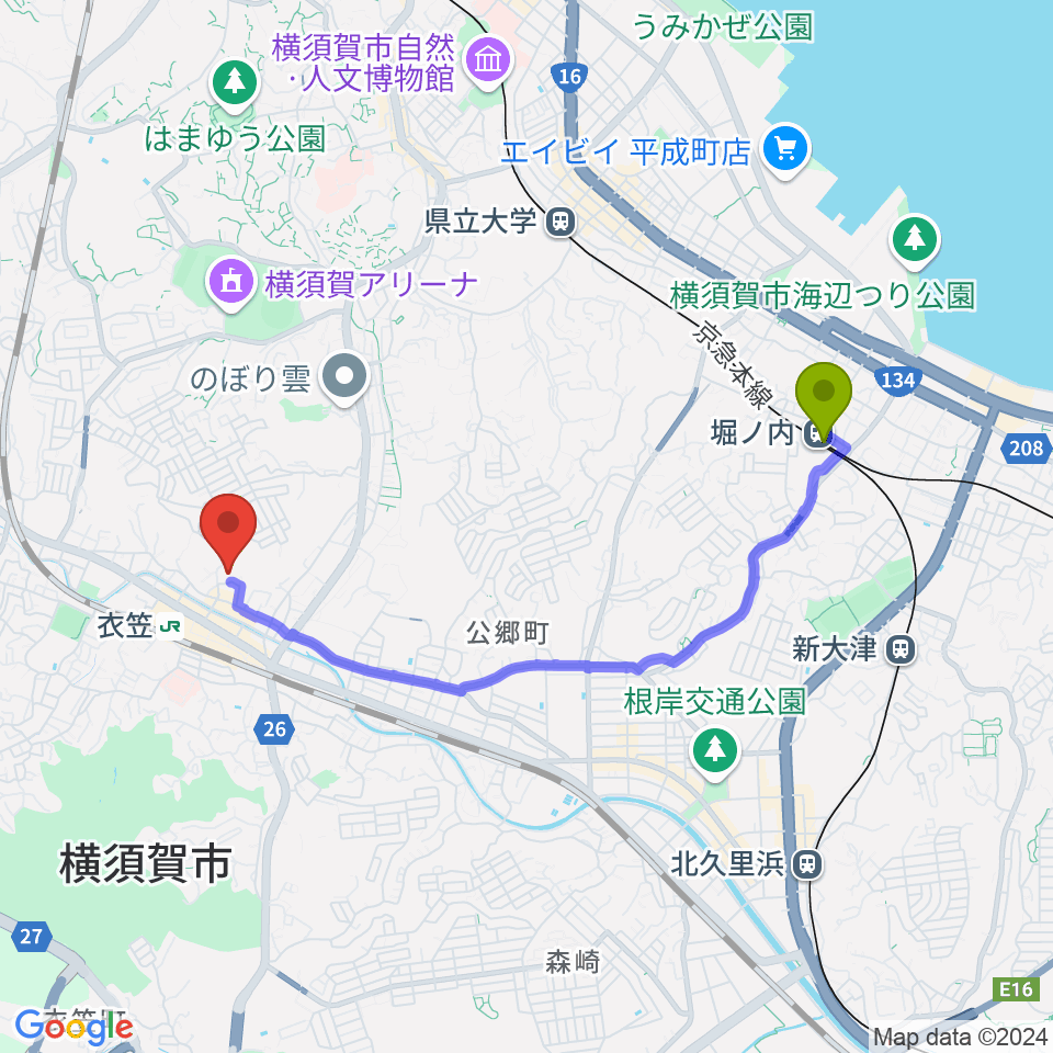 堀ノ内駅から横須賀市はまゆう会館へのルートマップ地図