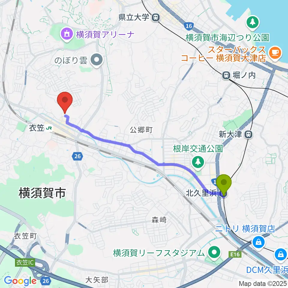 北久里浜駅から横須賀市はまゆう会館へのルートマップ地図