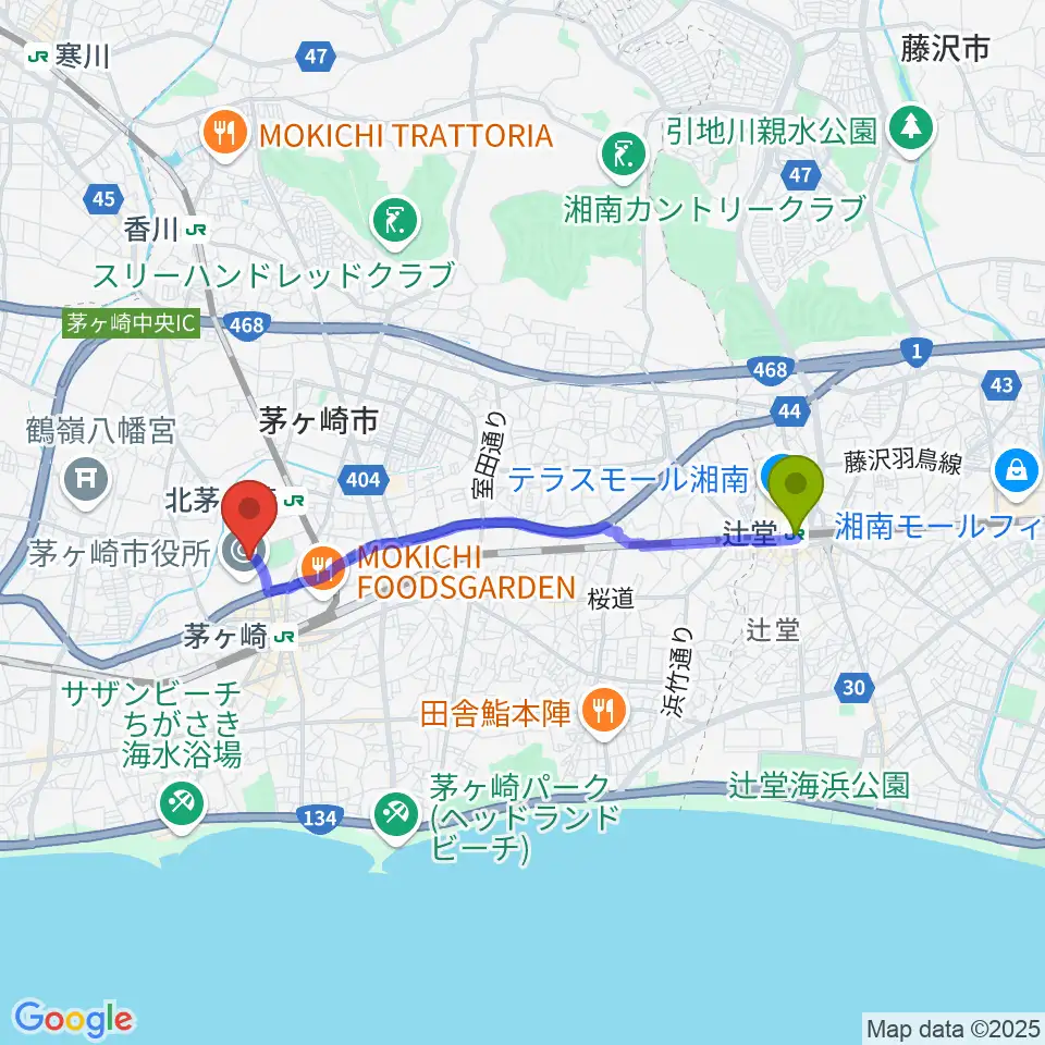 辻堂駅から茅ヶ崎市民文化会館へのルートマップ地図
