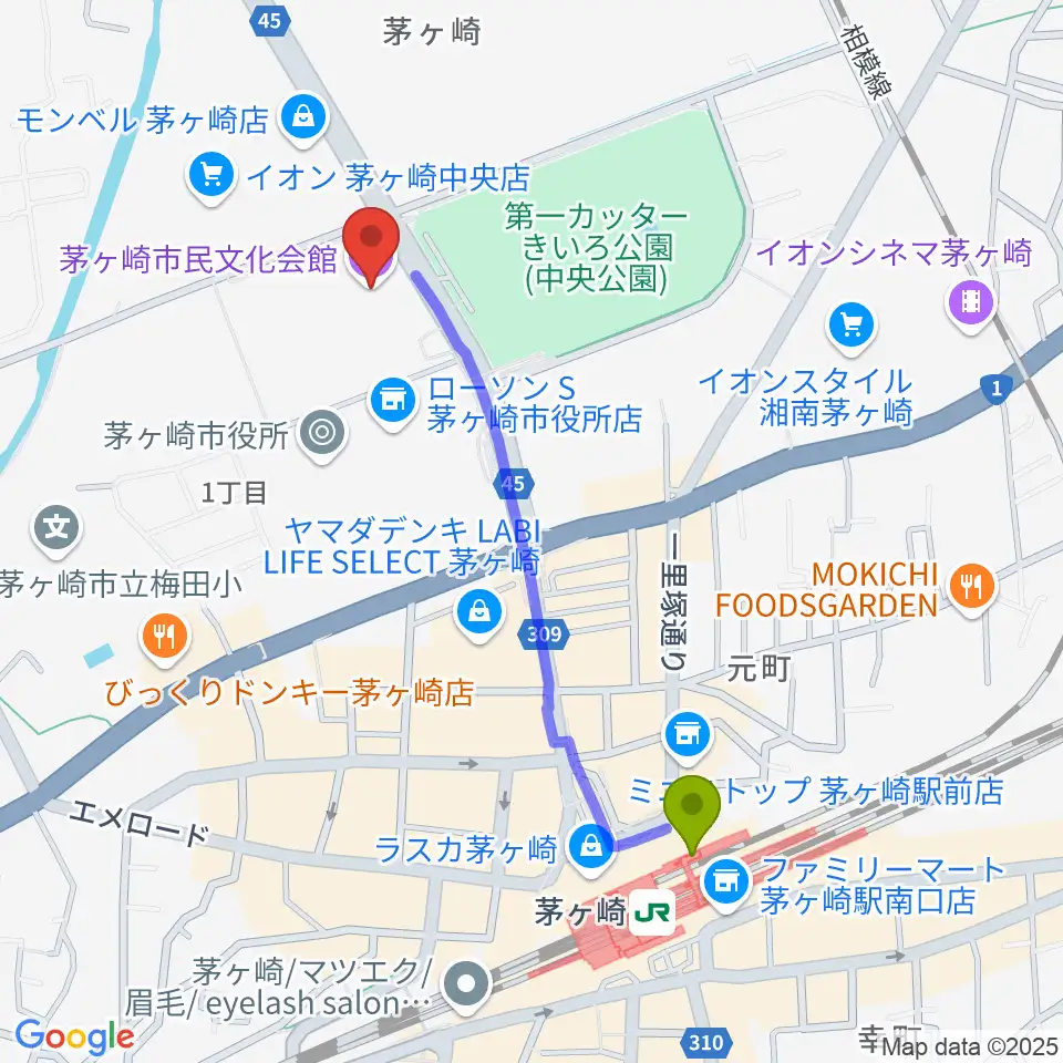 茅ケ崎駅から茅ヶ崎市民文化会館へのルートマップ地図