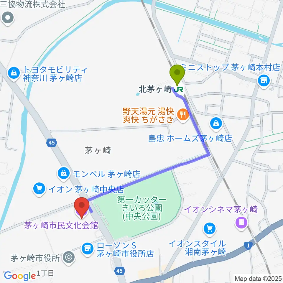 茅ヶ崎市民文化会館の最寄駅北茅ケ崎駅からの徒歩ルート（約9分）地図