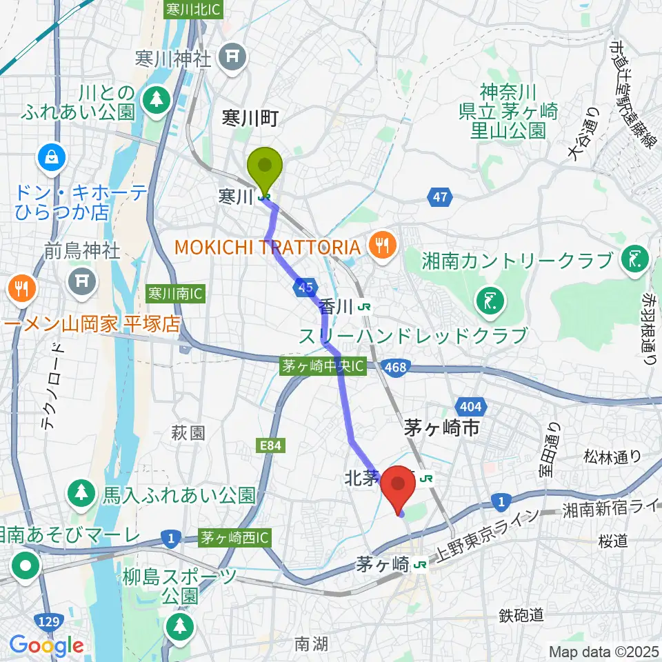 寒川駅から茅ヶ崎市民文化会館へのルートマップ地図