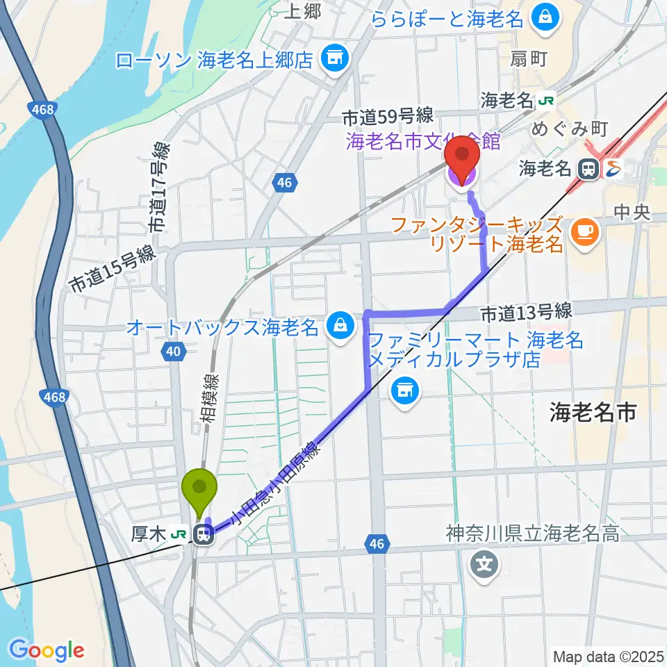 厚木駅から海老名市文化会館へのルートマップ地図