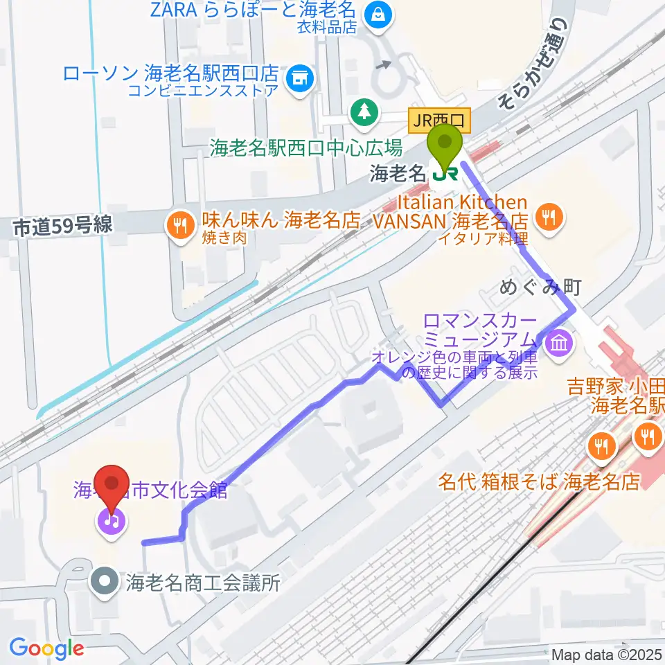 海老名市文化会館の最寄駅海老名駅からの徒歩ルート（約6分）地図
