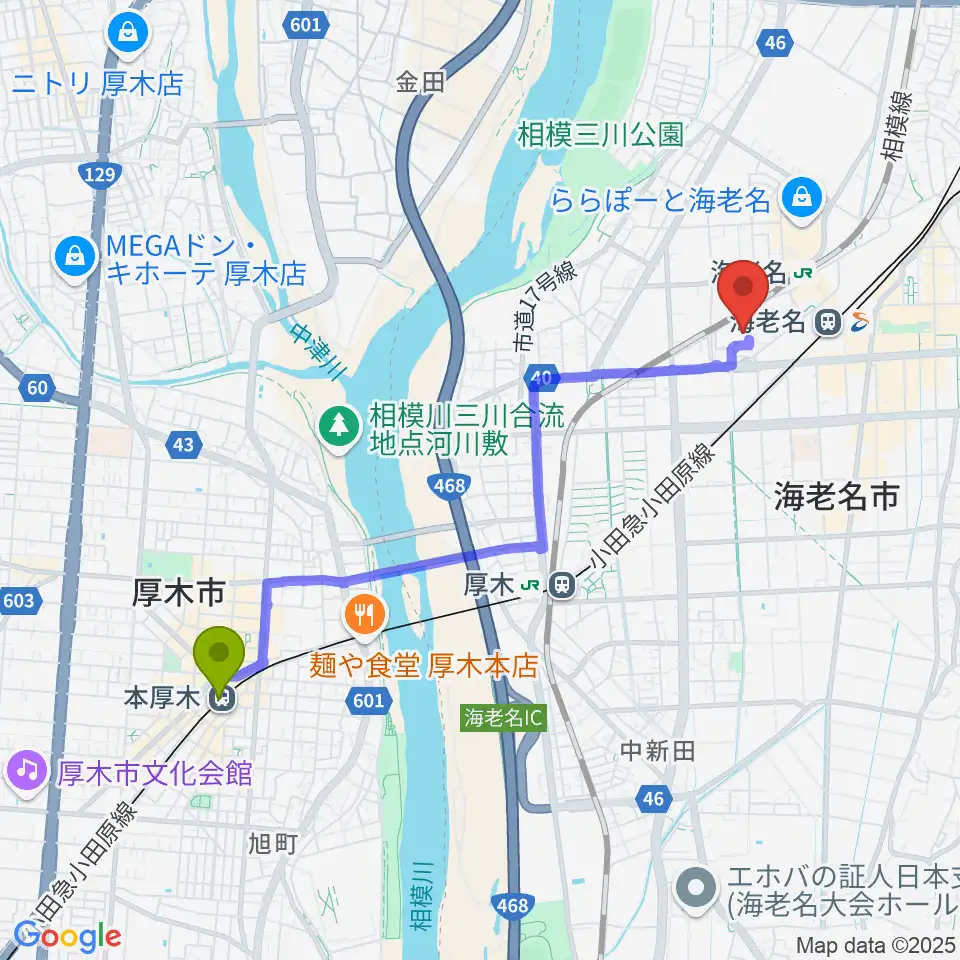 本厚木駅から海老名市文化会館へのルートマップ地図