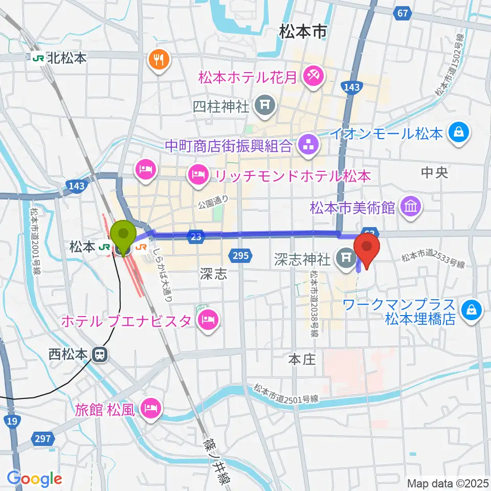 まつもと市民芸術館の最寄駅松本駅からの徒歩ルート（約15分）地図