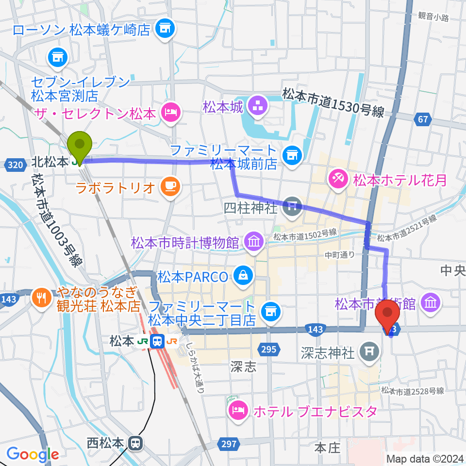 北松本駅からまつもと市民芸術館へのルートマップ地図