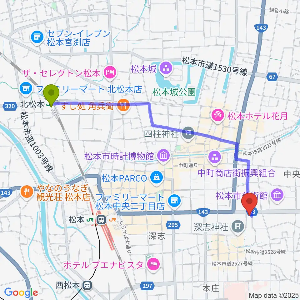 北松本駅からまつもと市民芸術館へのルートマップ地図