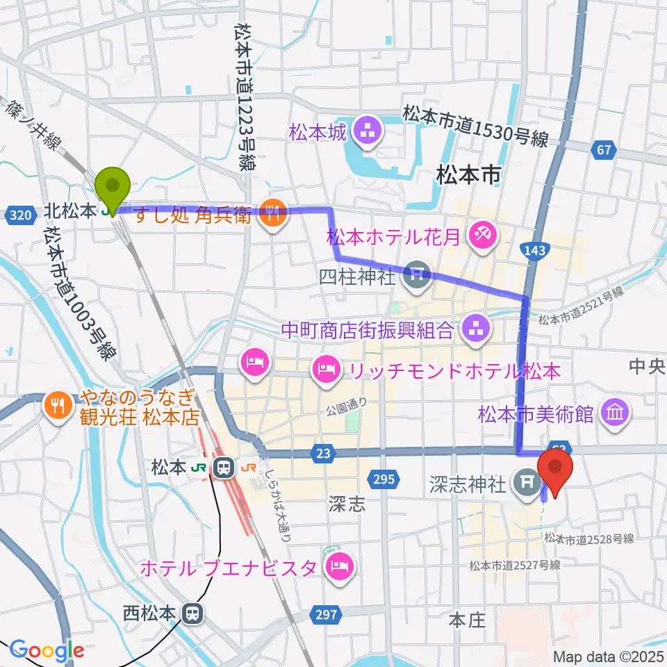 北松本駅からまつもと市民芸術館へのルートマップ地図