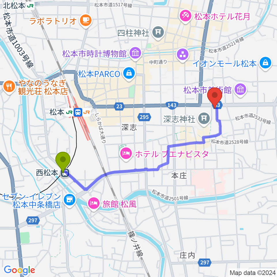 西松本駅からまつもと市民芸術館へのルートマップ地図