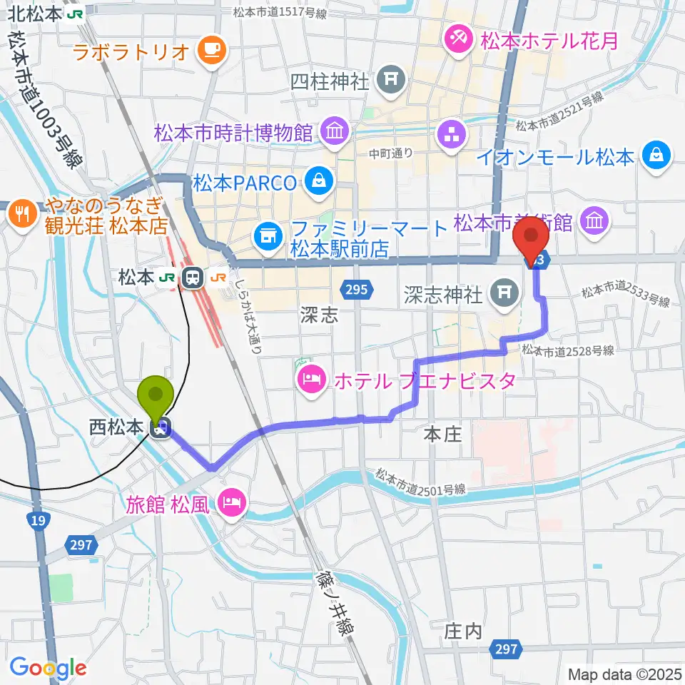 西松本駅からまつもと市民芸術館へのルートマップ地図