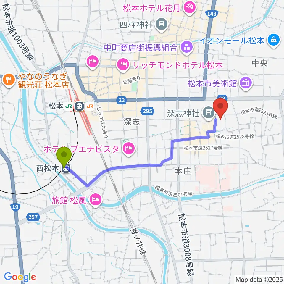 西松本駅からまつもと市民芸術館へのルートマップ地図