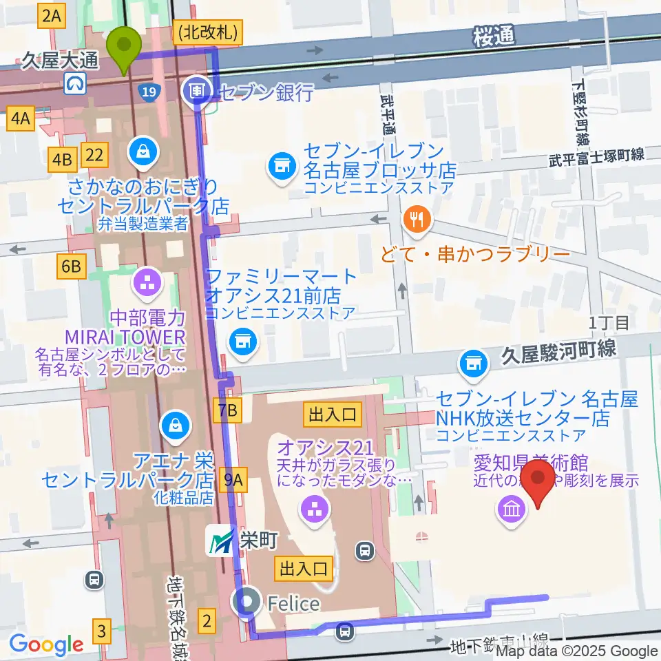 久屋大通駅から愛知県芸術劇場へのルートマップ地図