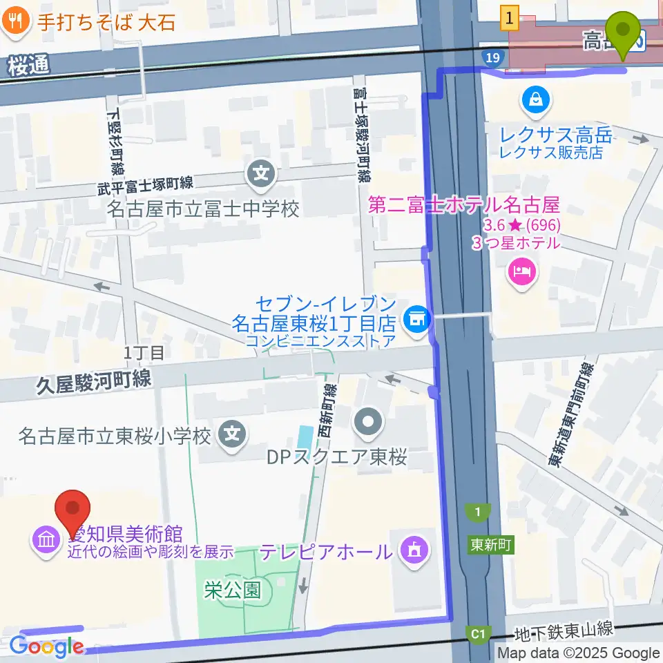 高岳駅から愛知県芸術劇場へのルートマップ地図
