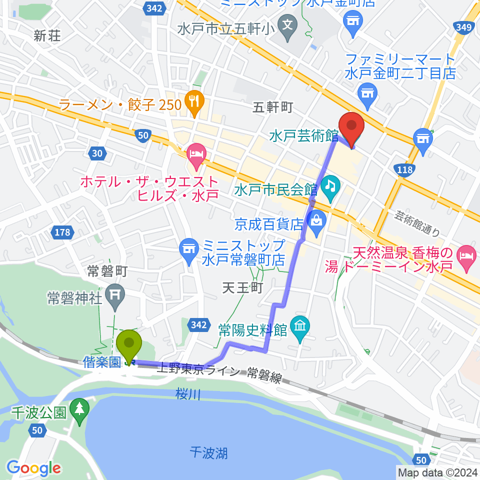 水戸芸術館の最寄駅偕楽園駅からの徒歩ルート（約20分）地図