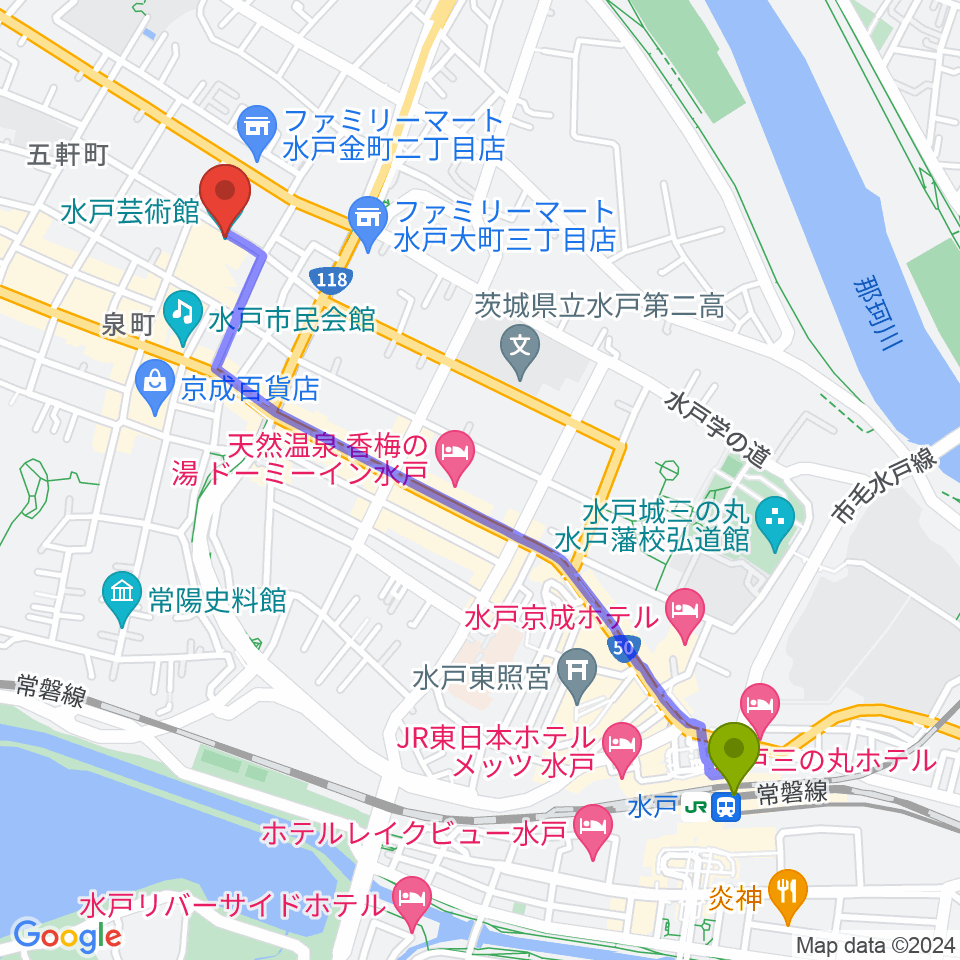 水戸駅から水戸芸術館へのルートマップ地図