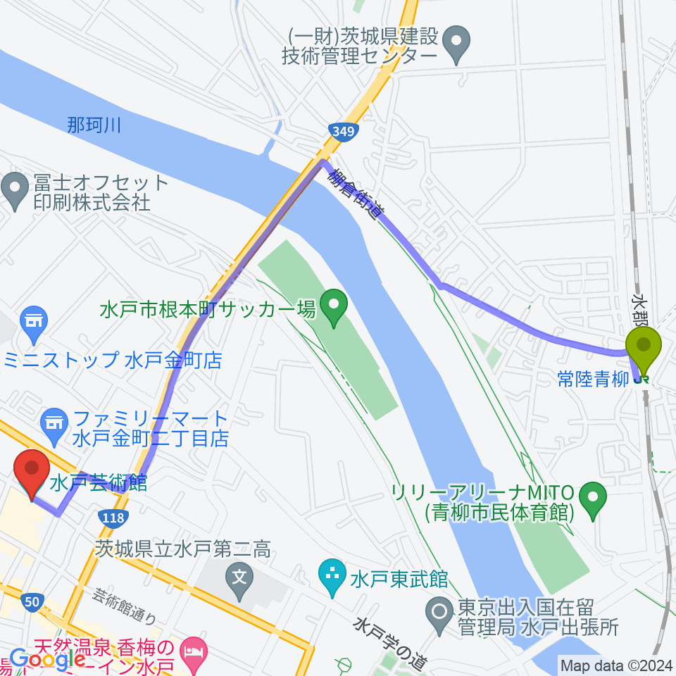 常陸青柳駅から水戸芸術館へのルートマップ地図
