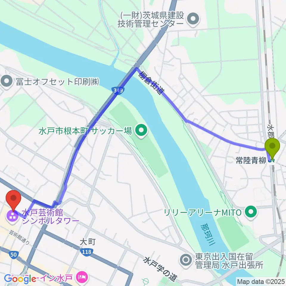 常陸青柳駅から水戸芸術館へのルートマップ地図