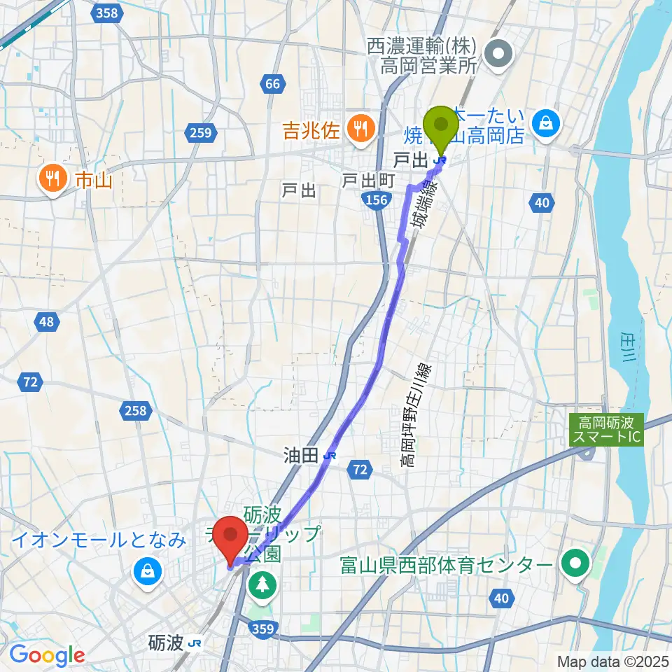 戸出駅からあいこ音楽教室へのルートマップ地図