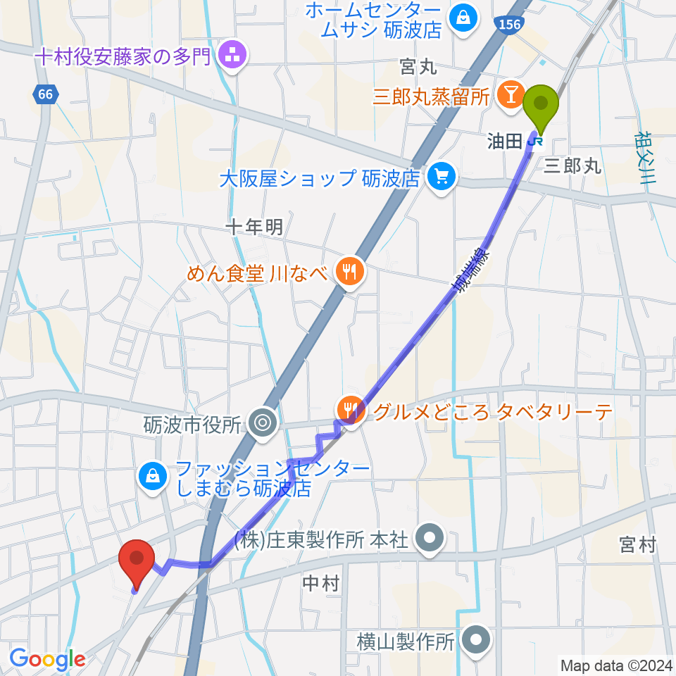 油田駅からあいこ音楽教室へのルートマップ地図