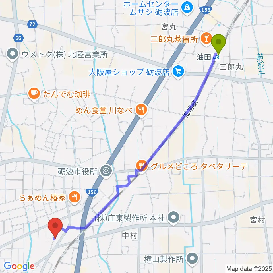 油田駅からあいこ音楽教室へのルートマップ地図