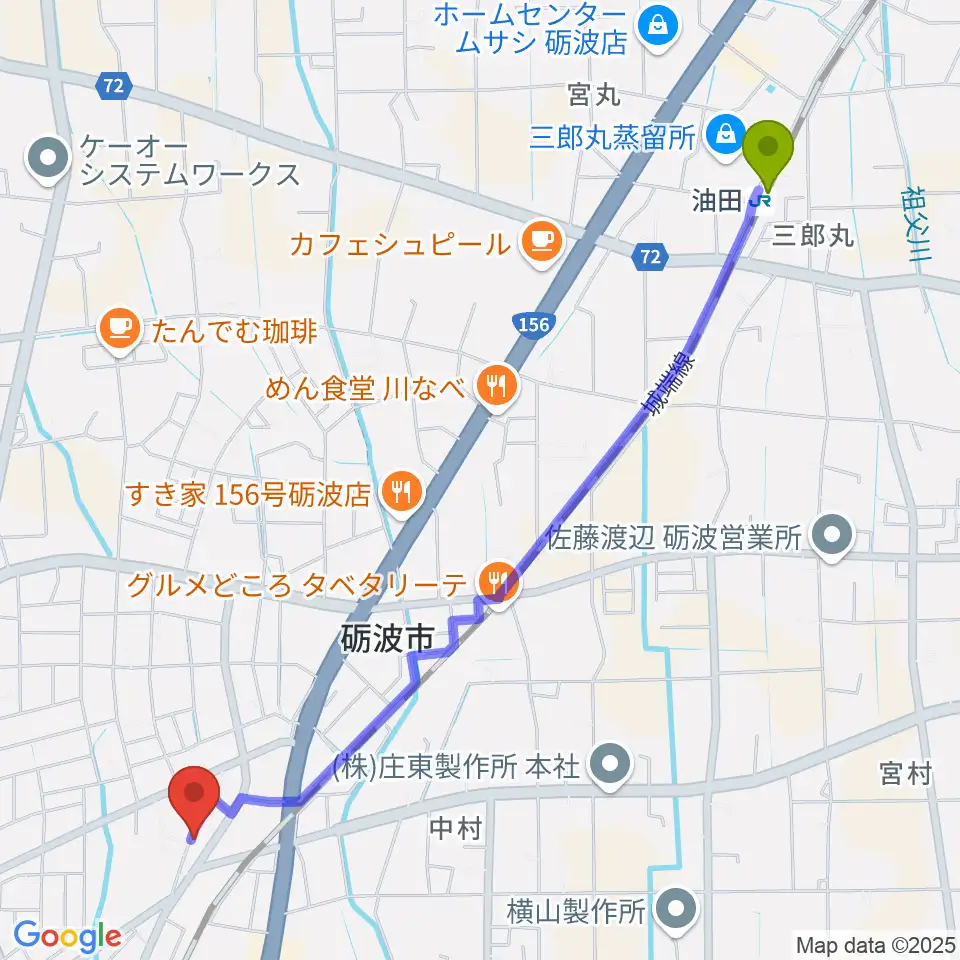 油田駅からあいこ音楽教室へのルートマップ地図