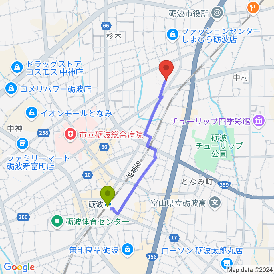 あいこ音楽教室の最寄駅砺波駅からの徒歩ルート（約15分）地図